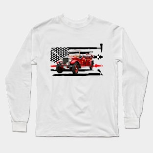 Vintage Fire Truck with Firefighter Flag Long Sleeve T-Shirt